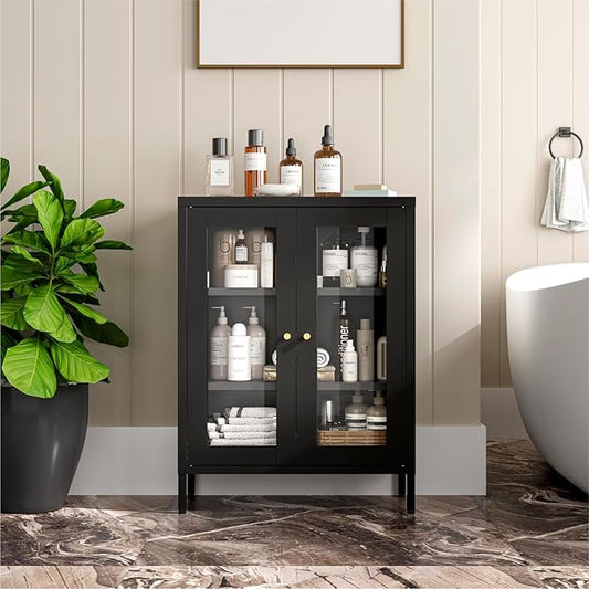 Metal Bathroom Cabinet, Small Floor Storage Cabinet, Freestanding Sideboard with 2 Adjustable Shelves for Living Room, Dinging Room (Black, 31.5" H-2 Doors)