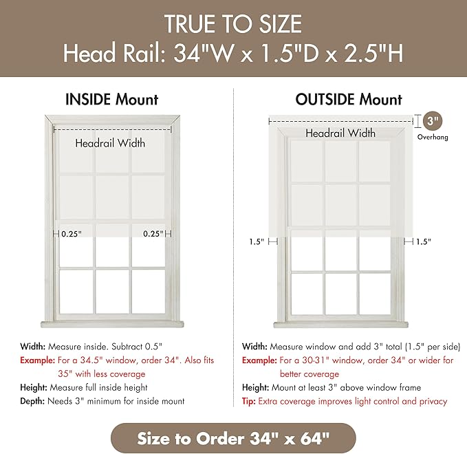 Madison Park Kyler Cordless Roman Shades - Single Panel, Lightweight Linen Blend Fabric, Natural Design, Easy Installation, Light Filtering Window Blind, Bedroom, Living Room Decor 34"W x 64"H Natural