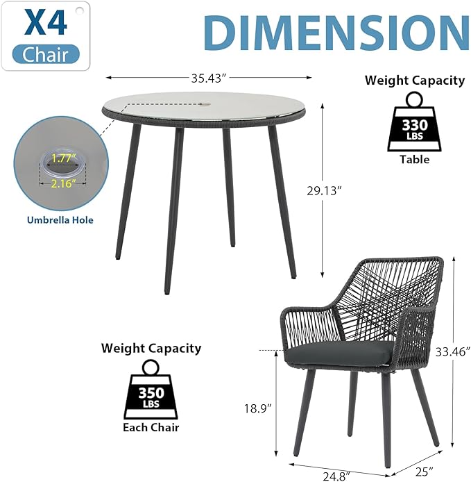 JOIVI 5 Piece Outdoor Dining Set, Wicker Patio Furniture Dining Chairs and Table Set with Cushions for 4 People, Tempered Glass Tabletop with 2.16” Umbrella Hole, for Lawn, Backyard,with Gray Cushions
