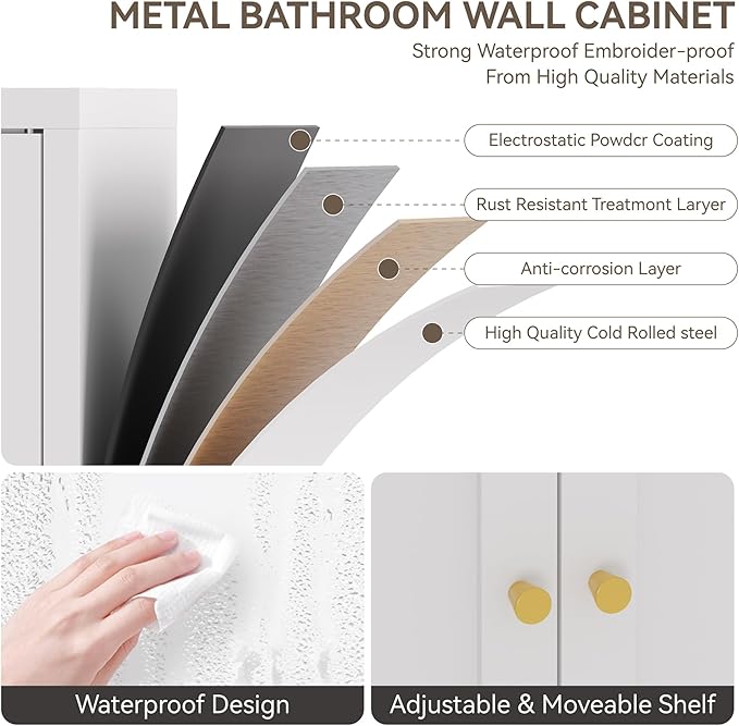 Metal Bathroom Storage Cabinet,Bathroom Floor Storage Cabinet with 2 Adjustable Shelves and 2 Doors,Freestanding Sideboard for Small Spaces, Living Room, Home Office, Dining Room,White