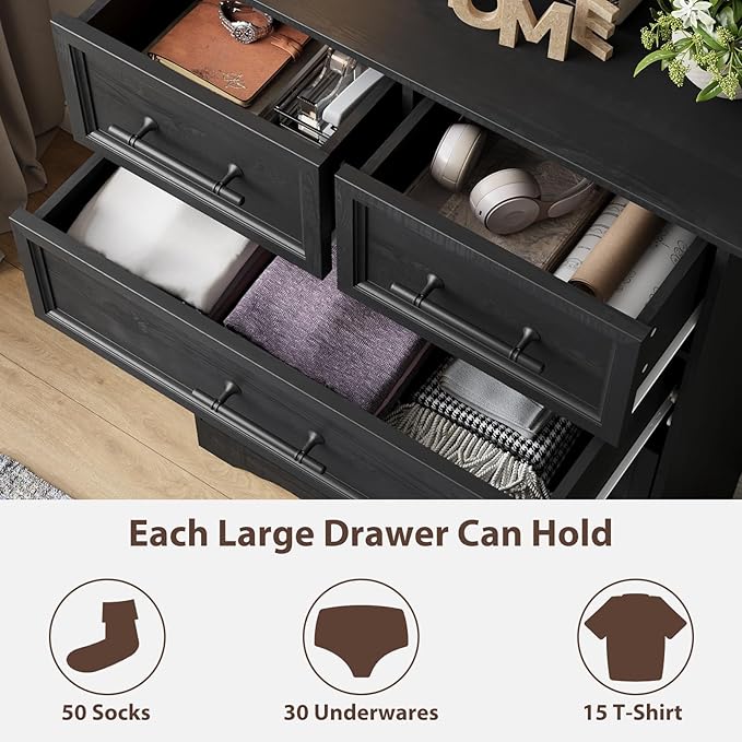 Black Farmhouse Dresser for Bedroom, Modern 6 Chest of Drawers, 44" Tall Chest of Drawers w/Brushed Metal Handle, Wood Closet Organizers and Storage Cabinet for Bedroom, Living Room, Hallway