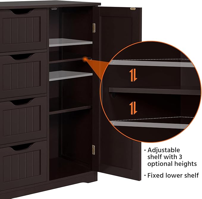 Yaheetech Large Bathroom Floor Cabinet with 4 Drawers and Single Door Cabinet, Freestanding Storage Cabinet for Living Room Kitchen Hallway, Espresso
