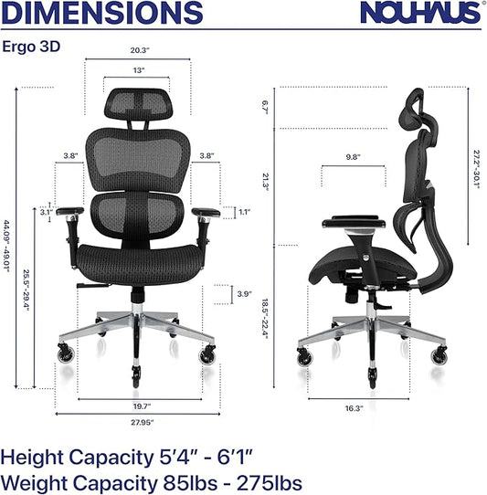 Nouhaus Ergo3D Ergonomic Office Chair Lumbar Support Mesh Office Chair with 4D Adjustable Armrest, Adjustable Headrest and Wheels, Mesh High Back Home Office Desk Chairs(Black)