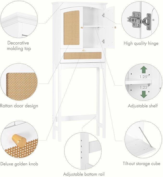 Spirich Over The Toilet Storage Cabinet with Rattan Doors, Over Toilet Bathroom Organizer with Tilt-Out Cube and Adjustable Shelf