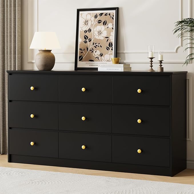 9 Drawer Dresser for Bedroom, 59" Wide Black Chest of Drawers, Wooden Dresser with 9 Drawers with Ample Storage, Modern Storage Organizer for Hallway,Nursery