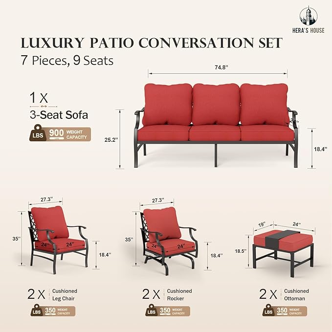 HERA'S HOUSE 7 Piece Patio Furniture Set, 2 x Rocking Chair, 2 x Fixed Chair, 2 x Ottoman, 1 x 3-Seat Sofa, All Cushioned 9 Seats Metal Outdoor Conversation Set for Lawn Garden Backyard