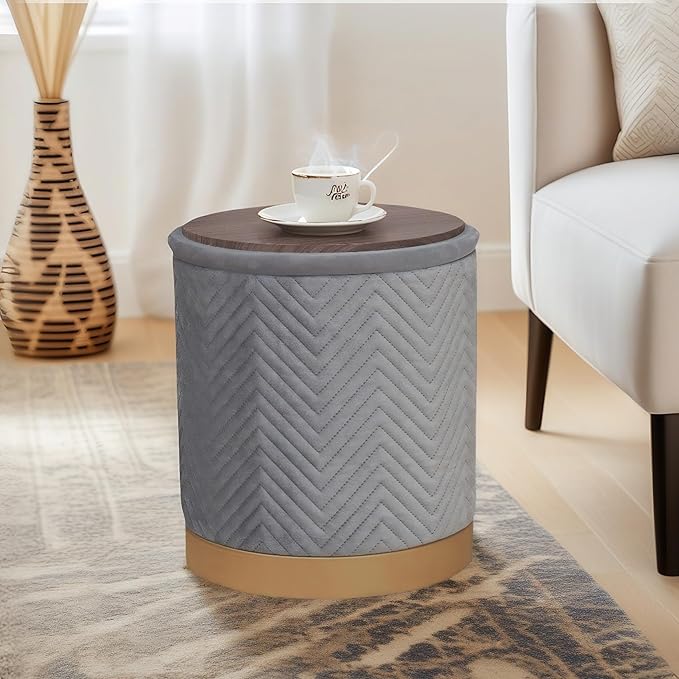 B FSOBEIIALEO Ottoman with Stroage, Round Velvet Storage Ottoman with Gold Plating Base,Foot Rest Stool for Dorm Room, Living Room Grey, 14.76"x14.76"x16.34"
