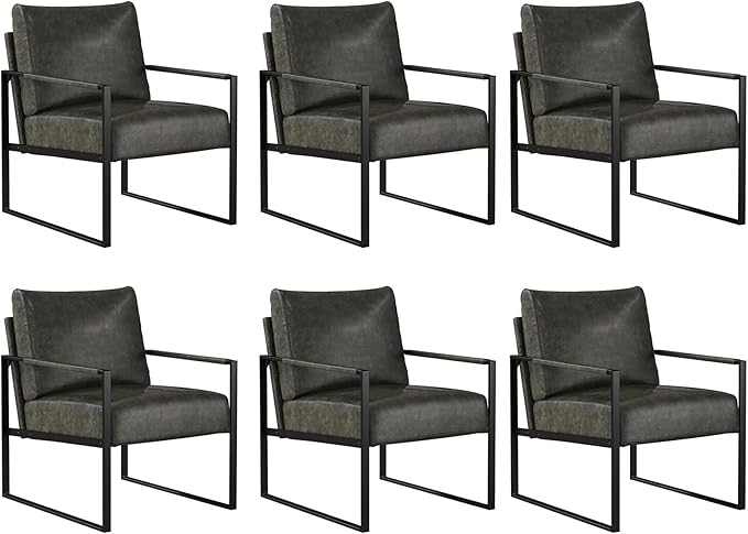 CANMOV Modern Accent Chair Set of 6, PU Leather Armchair with Metal Frame,Comfy Single Reading Chair with Soft Padded Backrest and Cushion for Living Room, Bedroom,Reading Room,Office,Dark Grey