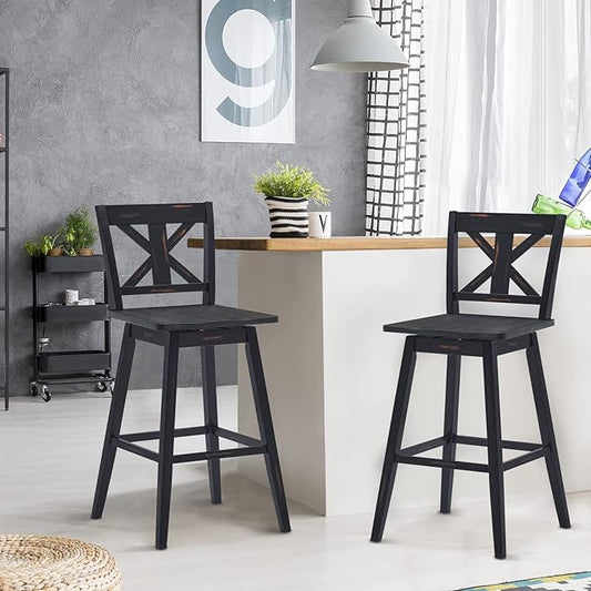 COSTWAY Bar Stools Set of 2, 360 Degree Swivel, 29-inch Height Chairs w/Non-Slip Foot Pads, Rubber Wood Bar Chairs, Vintage Bar Stools for Home, Restaurant (Black)