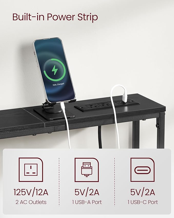VASAGLE Set of 2 Console Tables with Power Outlets, Slim Behind Couch Sofa Tables, 5.9 x 39.4 x 31.5 Inches, 2 Hooks, Easy Assembly, for Entryway, Living Room, Ebony Black and Ink Black ULNT078B01