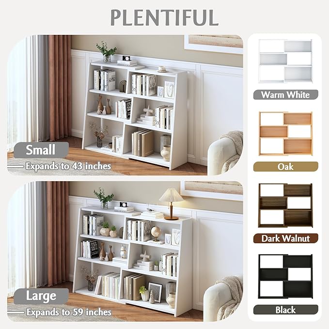 IOTXY Wooden Extendable Shelf Bookcase - 3-Tier Ladder Low Short Bookshelf for Small Space or Corner, White, S
