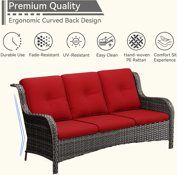 Patio Conversation Set 5-PCS Wicker Outdoor Furniture Conversation Set with 3-Seat Sofa, 2 Armchair, 2 Ottoman Patio Rattan Wicker Sectional Sofa Set with Olefin Cushion, Red