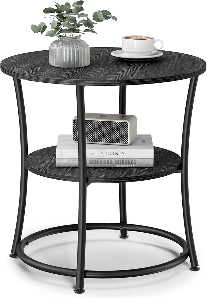 VASAGLE Side Table, 2-Tier Round End Table, Nightstand with Steel Frame for Small Spaces, Living Room, Bedroom, Charcoal Gray and Ink Black