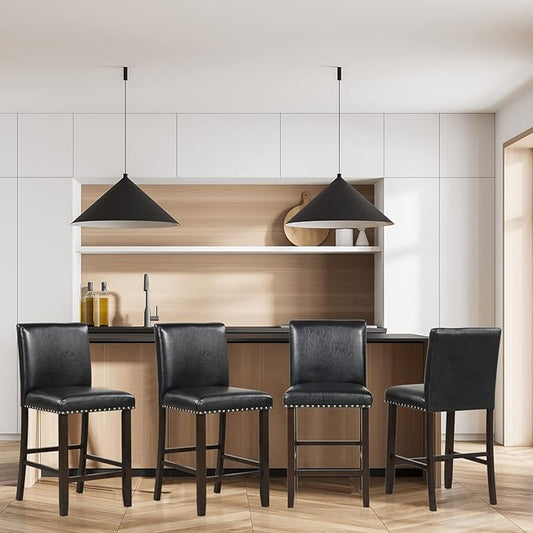 COSTWAY Bar Stools Set of 4, 25.5” PVC Leather Armless Counter Height Chair with Back, Kitchen Island Breakfast Chair for Dining Room, Party Room & Restaurant (4, Black)