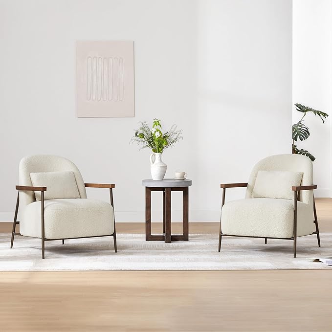 CHITA Accent Chair for Living Room Set of 2, FSC Certified Modern Upholstered Faux Sherpa Fabric Armchair with Metal Frame and Wooden Armrests, Ivory