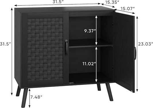Smuxee Black Sideboard, Freestanding Buffet Cabinet with 2 PVC Rattan Doors, Storage Cabinet with Adjustable Shelf for Living Room, Entryway, Hallway