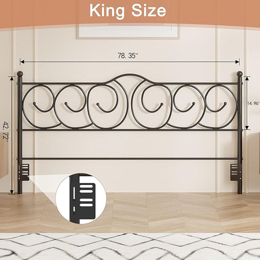VECELO Metal King Size Headboard, Heavy Duty Curved Headboard Only Height Adjustable, Easy to Assembly, Farmhouse Victorian Style for Bedroom - Black, King