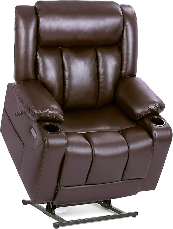 EONIX Dual Motor Oversized Power Lift Recliner Chair for Elderly, 400lbs Heavy Duty Faux Leather Recliner with Massage and Heat, Big and Tall Lay Flat Lift Chair with Cup Holders, SLRY006, Dark Brown