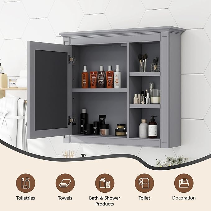 Bathroom Wall Cabinet with Mirror, 30'' x 28'' Medicine Cabinet with Mirror Door and Adjustable Shelves, Over Toilet Storage Cabinet, Wall-Mounted Bathroom Mirrors for Over Sink with Storage