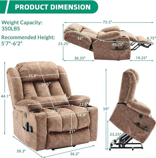 VIVIJASON Tall Man Dual Motor Power Lift Recliner Chair with Extended Footrest, Oversized Lay Flat Sleeper Electric Recliner W/Heat & Massage, Lumbar Pillow, USB & Type-C Ports, Infinite Position
