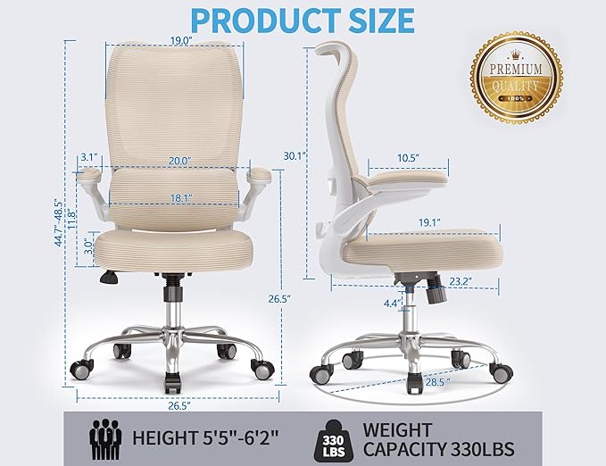 TRALT Ergonomic Office Chair - Desk Chair with Wave High Back Adjustable Lumbar Support Computer Chair - Gaming Chairs Mesh Backrest and PU Leather Seat for Home Reading Chairs to Adults(Beige)