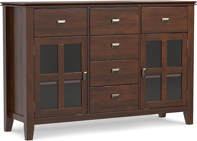 SIMPLIHOME Artisan Buffet - 54 inch Wide Solid Wood 3-Door Sideboard Buffet in Russet Brown, Transitional Storage Cabinet for Dining Room or Kitchen with Adjustable Shelves and Bronze Hardware