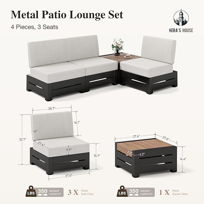 HERA'S HOUSE Patio Furniture Set, 4 Pieces All-Weather Outdoor Sectional Sofa with 28" Coffee Table & 5.9" Thick Waterproof Cushions, Modular Conversation Set for Garden Deck Backyard (Easy Assembly)