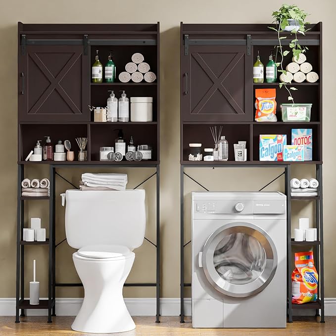 Over The Toilet Storage Cabinet, Farmhouse Storage Cabinet Over Toilet with Sliding Door & Toilet Paper Holder Stand,Home Space-Saving Toilet Rack, for Bathroom, Restroom, Laundry.Espresso
