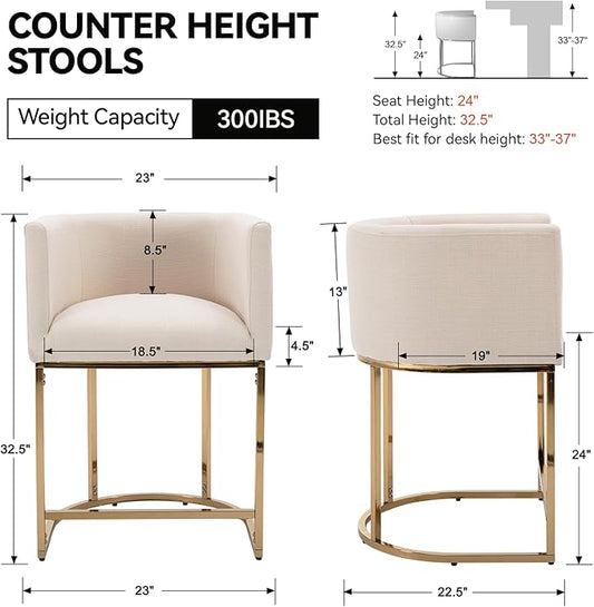 Contemporary Cream Linen Bar Stools Set of 4, 24" Upholstered Fabric Counter Height Barstools Kitchen Counter Island Stools with Golden Metal Base