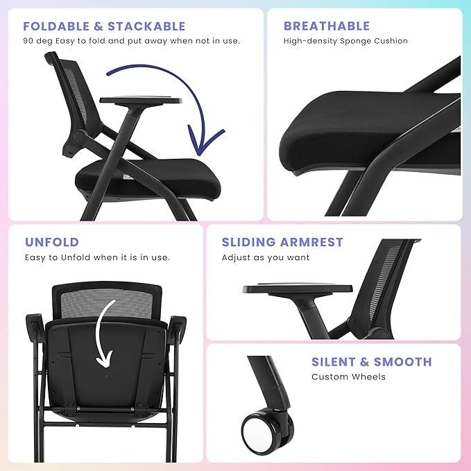 12 Pack Stackable Conference Room Chairs with Wheels and Paddle, Ergonomic Mesh Back and Arms for Meeting, Conference, Reception, Training Room & Home Office Desk Folding Chairs, Set of 12
