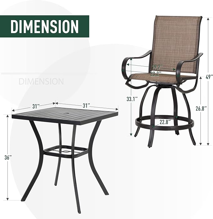 PHI Villa 5 Piece Outdoor Bar Set, Counter Height Patio Bar Bistro Table and Swivel Bar Stools Chairs with All Weather Brown Textilene Fabric for Garden, Yard, Poolside