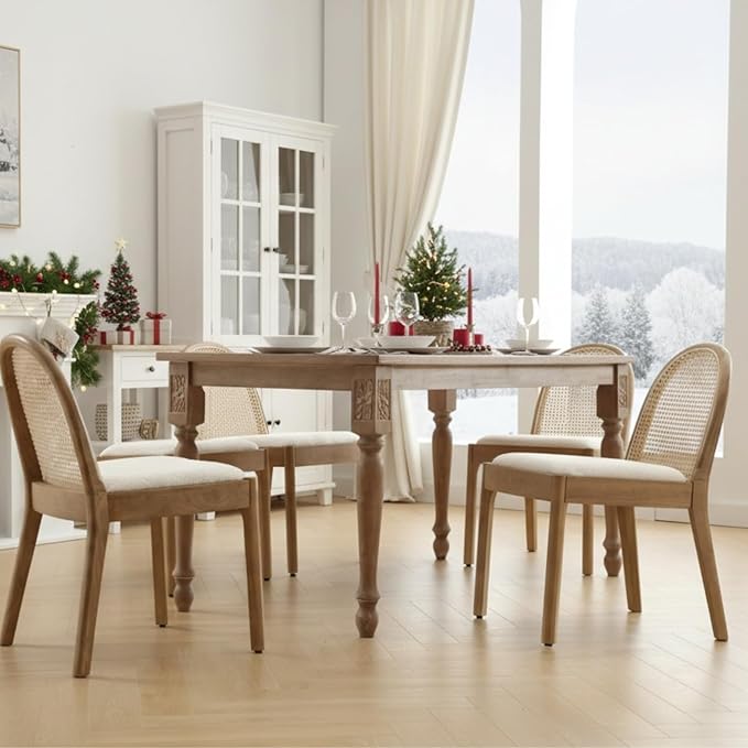 Upholstered Wooden Dining Chairs Set of 4, Farmhouse Kitchen & Dining Room Chairs with Cane Back, Accent Rattan Dining Table Chairs Sherpa Seat for Kitchen/Restaurant/Living Room, White