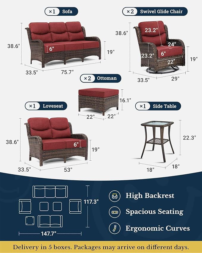 HILLGA Luxury Patio Furniture Set with 6-inch Thick Cushion, Outdoor Couch, Loveseat and High Back Swivel Rocker Patio Chairs, 7PCS Wicker Conversation Set for Deck Yard and Poolside, Burgundy (V2)