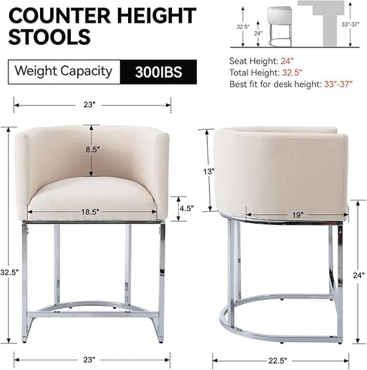 Contemporary Cream Linen Bar Stools Set of 3, 24" Upholstered Fabric Counter Height Barstools Kitchen Counter Island Stools with Screwed Together Chrome Finish Base