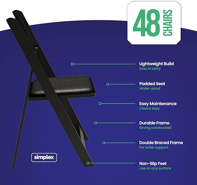 SIMPLEX 48 Black Resin Stackable Folding Chair - Comfortable Black Foldable Chair - Folding Chairs with Padded Seats - Indoor/Outdoor Folding Chairs for Events - Lightweight Foldable Chairs (48 Pack)