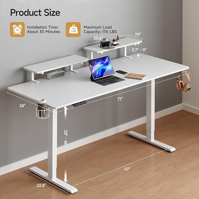 ONBRILL Standing Desk with 2 Adjustable Monitor Shelves, 71 x 24 Inches Electric Stand Up Desk with Memory Controller and Adjustable Height from 28-46 inches for Computer Workstations, White
