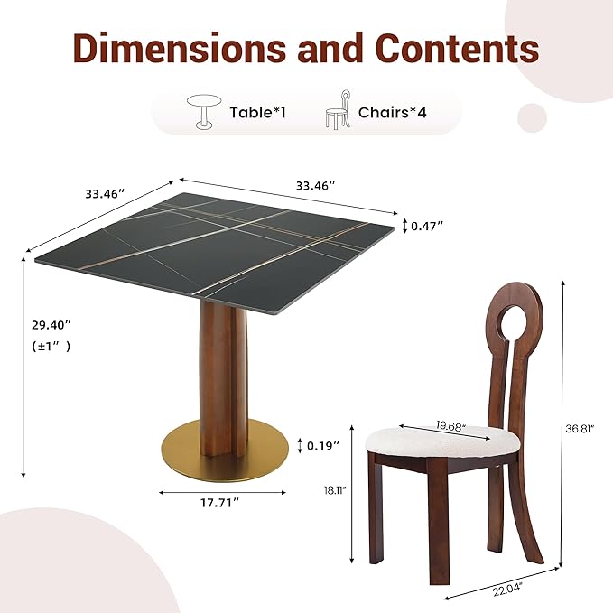 Sintered Stone Square Office Table and Chair Set - Meeting Table for Small Offices (Walnut Leg and Black Top, 1 Table and 4 Chairs)