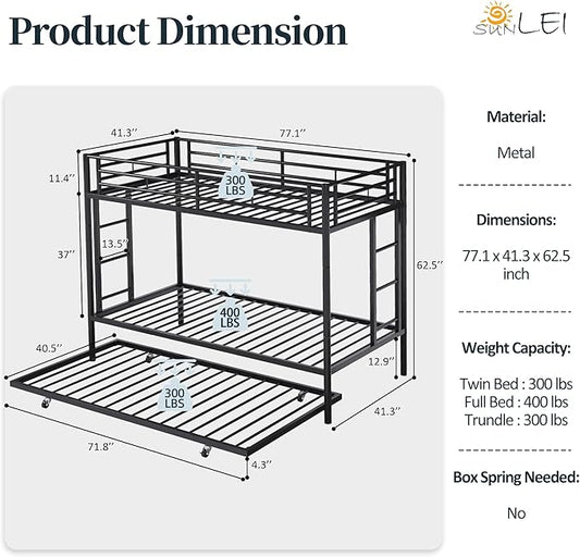 SUNLEI Bunk Bed Twin Over Twins with Trundle, Metal Loft Bed with 2 Secured Ladders, Trundle Beds Twin Safety Guard, Space-Saving, Noise Free for Small Bedroom, Black (Twin Over Twins)