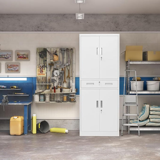 Metal Storage Cabinet, 71 Inch Tall Metal Storage Cabinet with Doors and Shelves, Pantry Cabinets with Drawer for Kitchen Storage, Garage Cabinet for Living, Dining Room, Assemble Required.