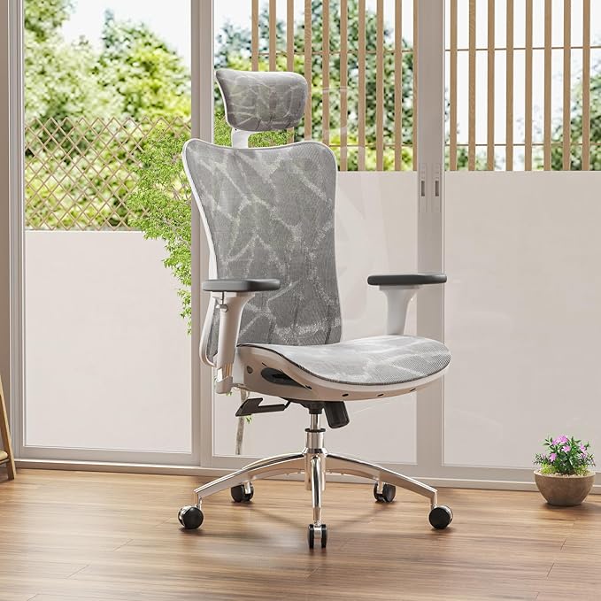 SIHOO M57 Ergonomic Mesh Office Chair, High Back Home Desk Chair with 3D Armrests, Lumbar Support and Adjustable Headrest, Comfortable Computer Chair, Big & Tall Office Chair Hold 330 LBS-Light Grey