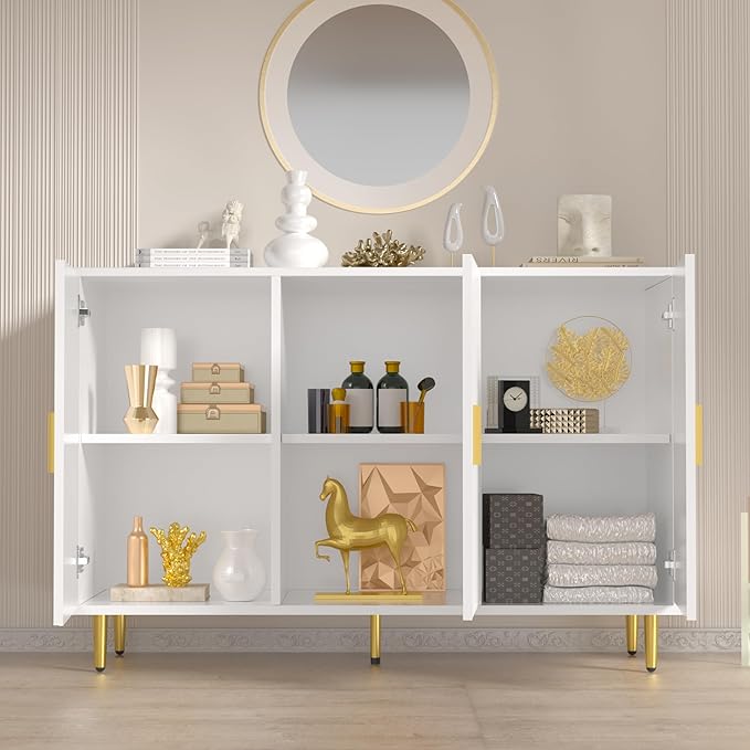 White Sideboard Buffet Cabinet, Accent Coffee Bar with 3 Doors, Entryway Cabinet for Living Room, Kitchen, Hallway
