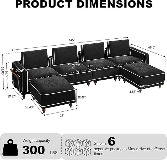 146" 4 Seater Cloud Couch with 2 Ottoman,Modular Sectional U Shaped Sofa with Armrests Wooden Legs,Oversized Deep Seat Comfy Thicked Cushion Upholstered Sofa for Living Room Bedroom,Black