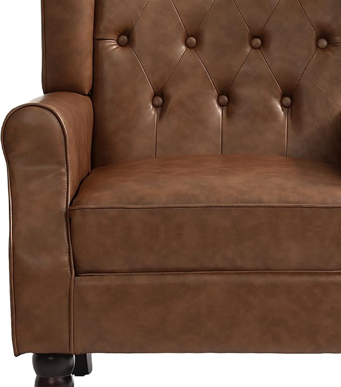 UIXE Faux Leather Accent Chairs Set of 2, High Back Upholstered Armchair for Living Room, Wingback Tufted Arm Chair Comfy Single Sofa Bedroom Reading Seat with Solid Wood Legs - Brown