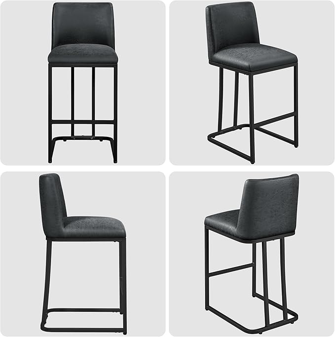 Yaheetech Bar Stools Set of 2, Counter Height Kitchen Stools 24'' Modern Leather Upholstered Bar Chairs with Back and Metal Legs for Kitchen Counter, Dark Gray