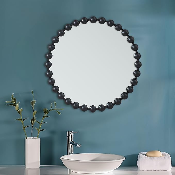 Madison Park Round Mirror, Metal Frame Circle Mirror 27 inch, Wall Art Decor Mounted Hanging for Entryway, Bathroom, hallway, Living Room, Vanity, Marlowe, Black