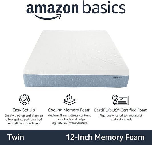 Amazon Basics Gel Memory Foam Mattress, Medium Firm, Cooling, Twin Size Mattress, CertiPUR-US® Certified Foam, 75 x 39 x 12 inches, White/Gray