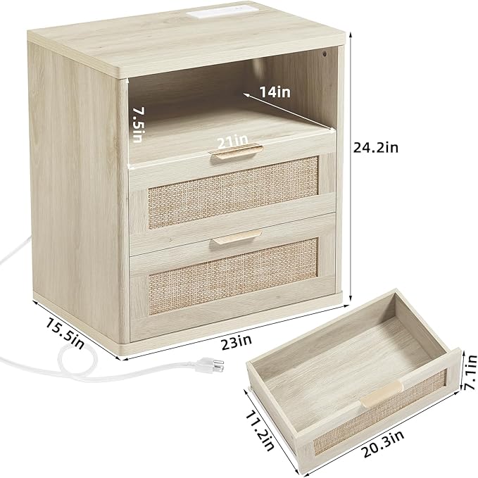LEYAOYAO Rattan Nightstands Set of 2 with Charger Station, 23" Wide Boho Night Stand with 2 Drawers, Grey White Bedside Table Open Shlef, Bed Side End Table Dresser for Bedroom, Living Room Hallway