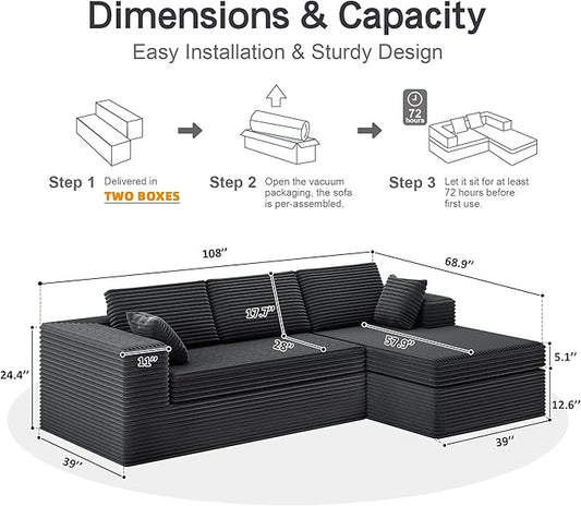 108-inch Boneless Couch for Living Room,Comfy Boneless Sofa with Deep Seats & Chaise Lounge, 3-Seat Modular Sofa Memory Foam Sectional Couches - No Assembly Required(Dark Grey)