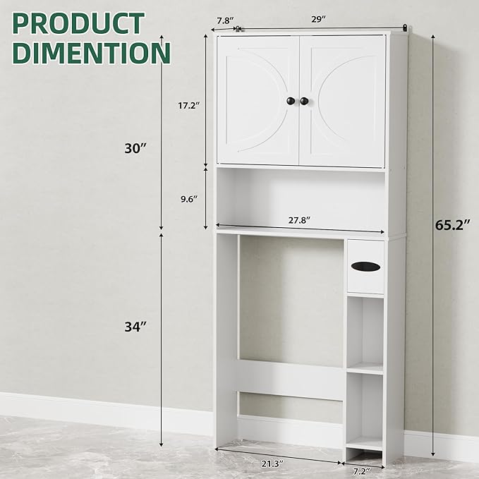 Over The Toilet Storage Cabinet, 65" Tall Bathroom Space Saver with 2 Doors & 2 Adjustable Shelves, Freestanding Organizer Toilet Cabinet for Bathroom, Laundry Room, Modern White Storage Unit