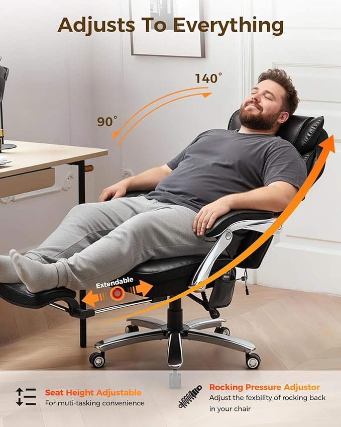 Big and Tall Office Chair 400lbs with Massage and Heat, 23.5" Wide Leather Office Chair with Back Support, Ergonomic Comfort 140° Reclining Desk Chairs Managerial Chairs for Heavy People